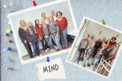 Zwei Fotos vom MIND-Team auf einer Pinnwand.